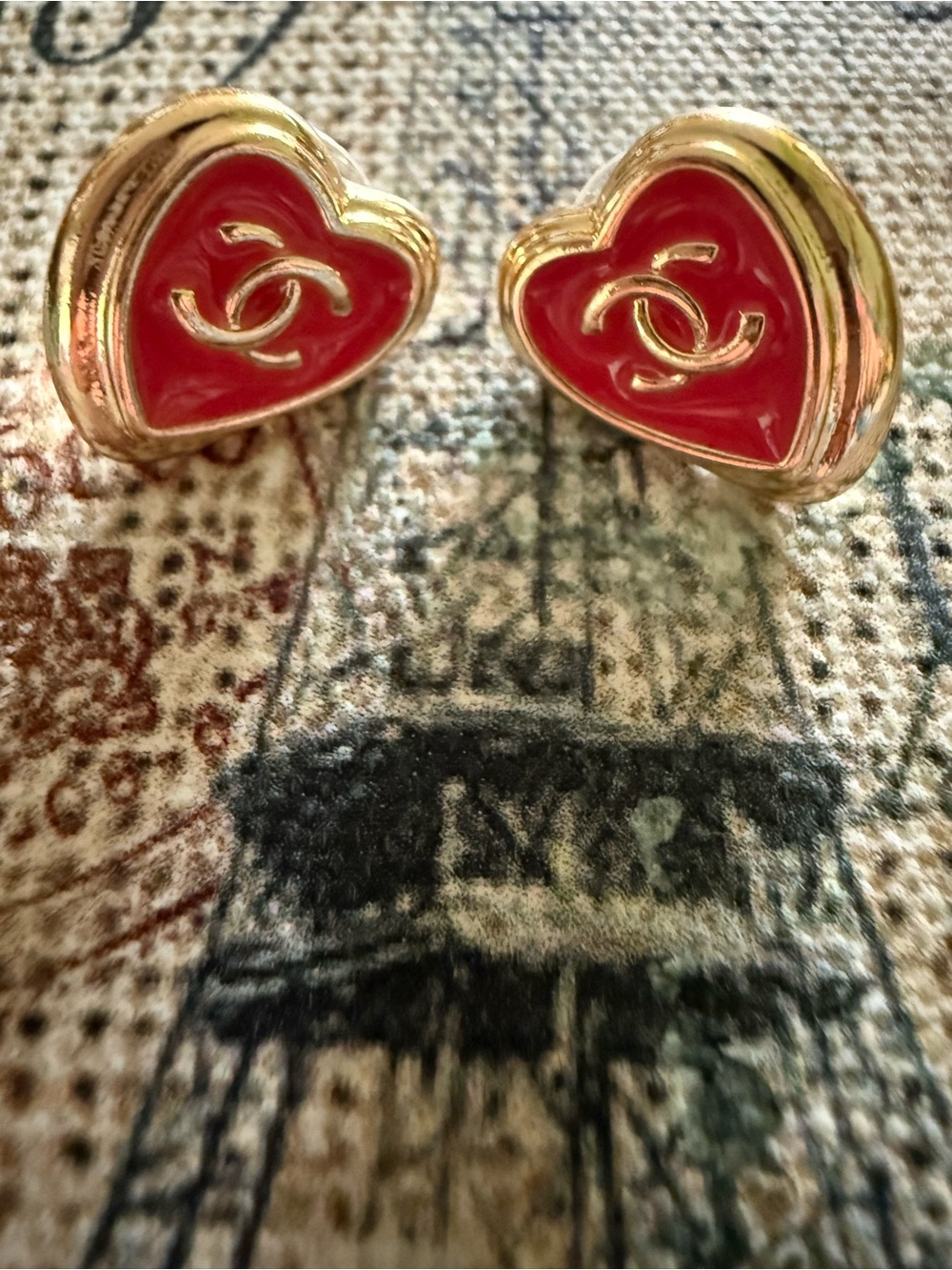 CHANEL Gold-Tone Heart Stud Earrings with Red Enamel